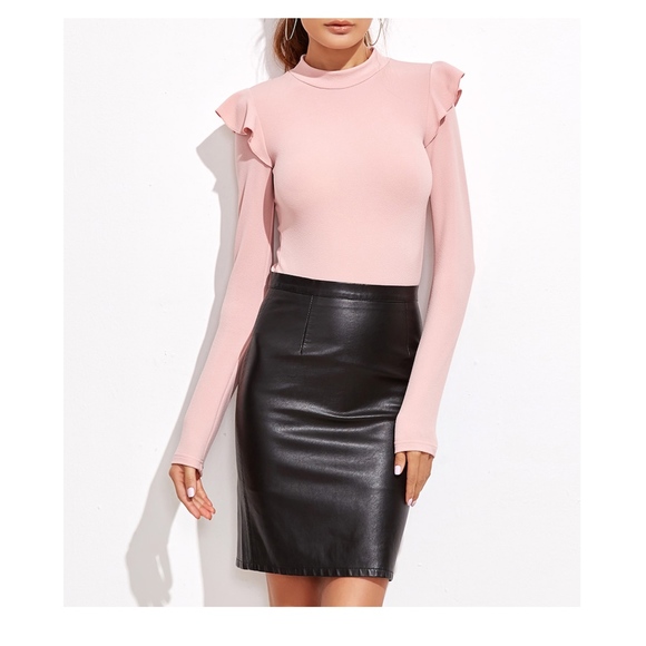 Blush Pink Mock Neck Long Sleeve Ruffle Bodysuit - Picture 6 of 7